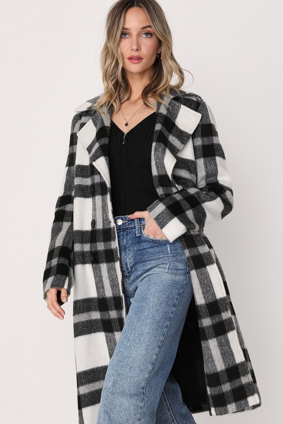 Plaid Coat - White and Black Coat - Double-Breasted Coat - Lulus