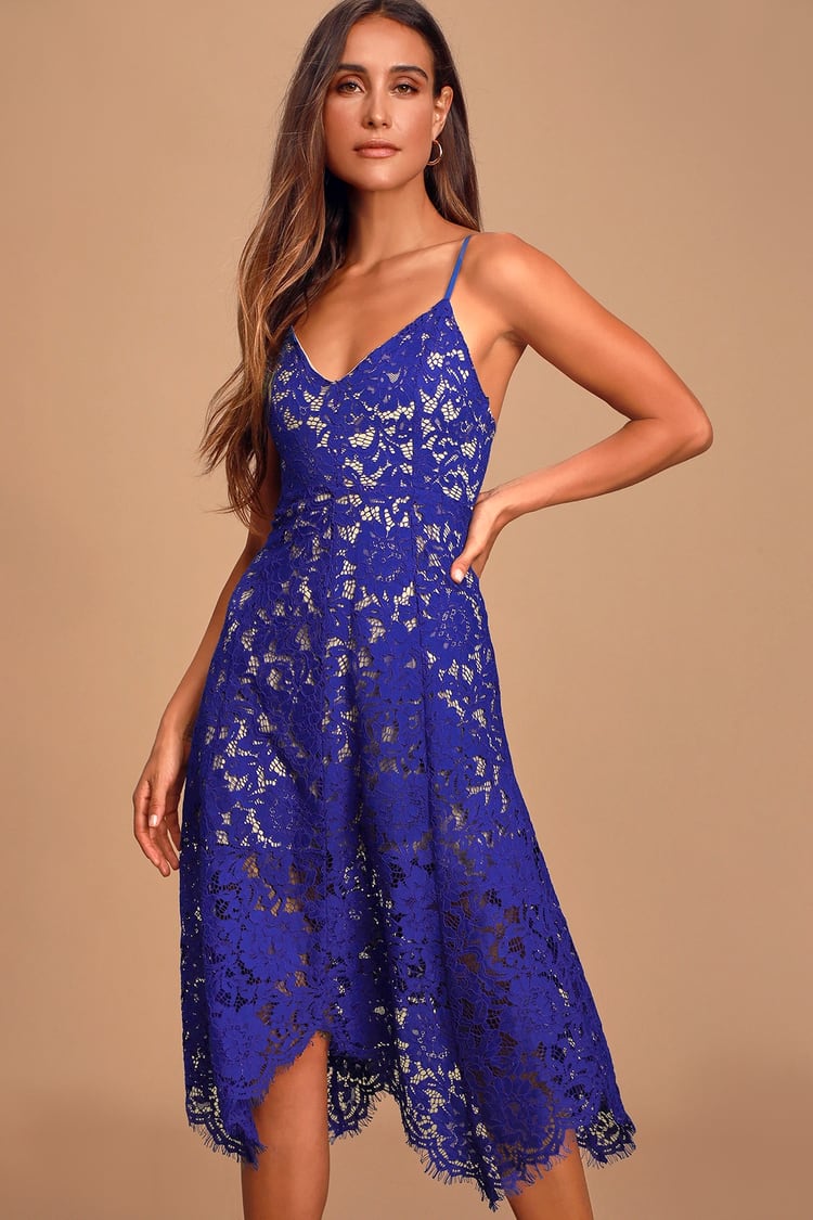Royal Blue Lace Dress - Midi Dress - Handkerchief Hem Dress - Lulus