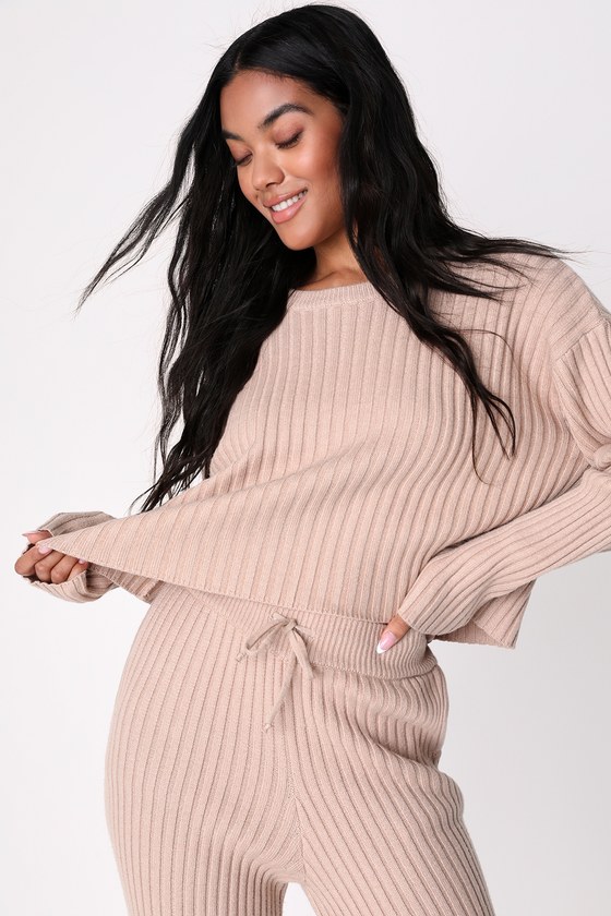 Taupe Loungewear - Cropped Sweater - Taupe Ribbed Knit Sweater - Lulus