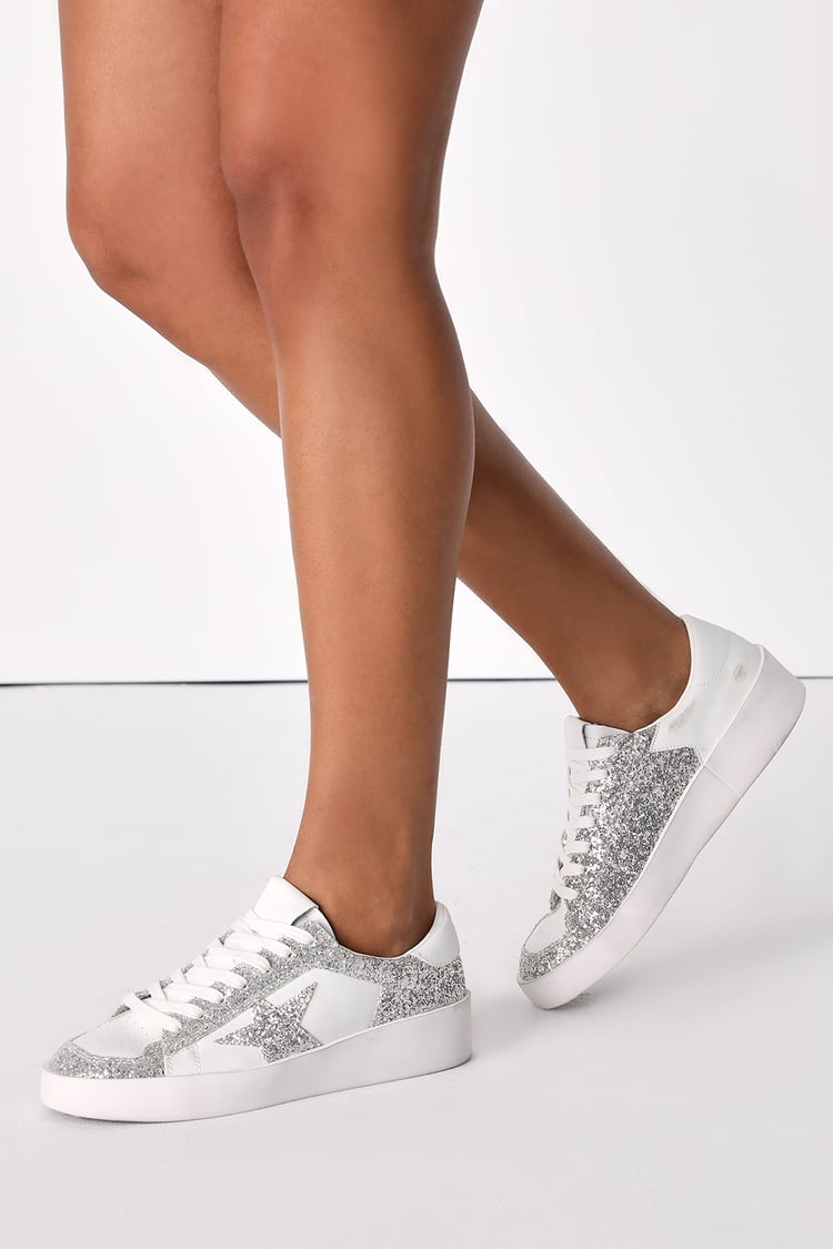 Steve Madden Perona - Silver Glitter Sneakers - Lace-Up Sneakers - Lulus