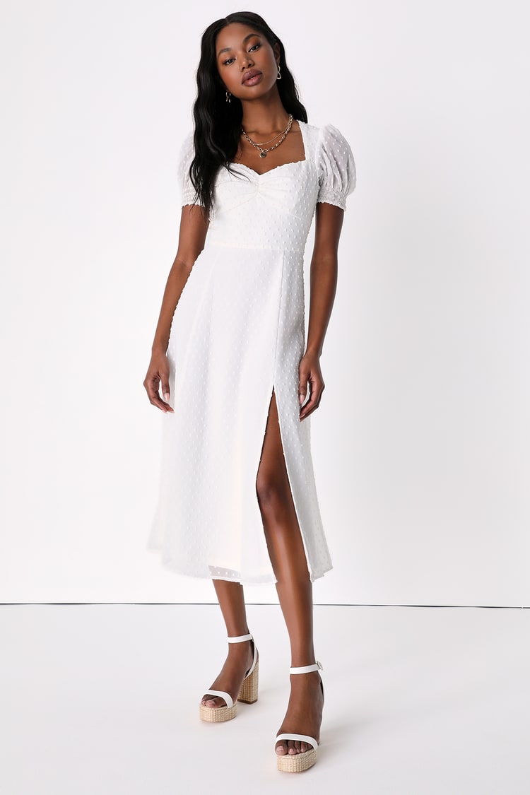 White Swiss Dot Dress - Puff Sleeve Dress - A-Line Midi Dress - Lulus