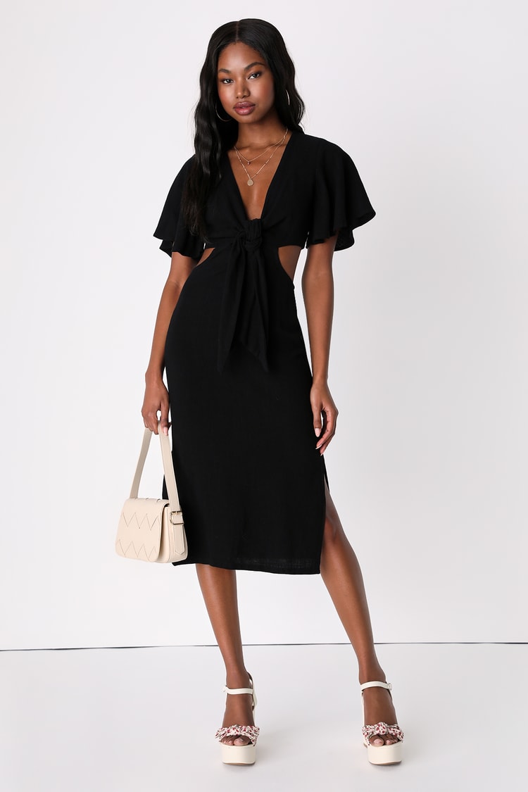 Black Dress - Tie-Front Dress - Cutout Midi Dress - Midi Dress - Lulus
