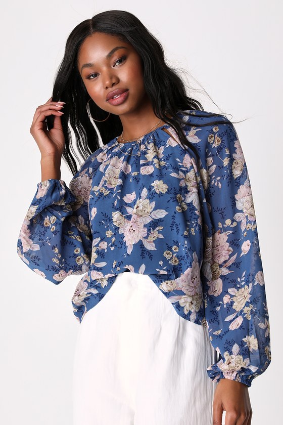 Blue Floral Cutout Top - Long Sleeve Blouse - Drawstring Top - Lulus