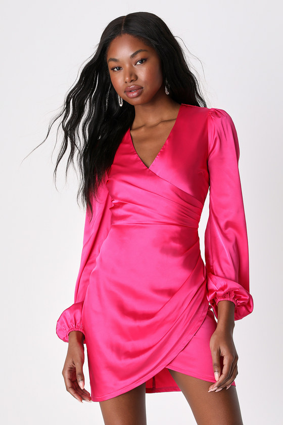 Late Night Rendezvous Hot Pink Satin Long Sleeve Dress