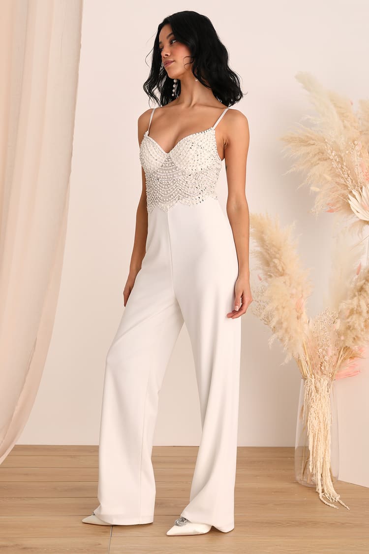 Sequin and Pearl Jumpsuit - White Jumpsuit - Bridal Jumpsuit - Lulus