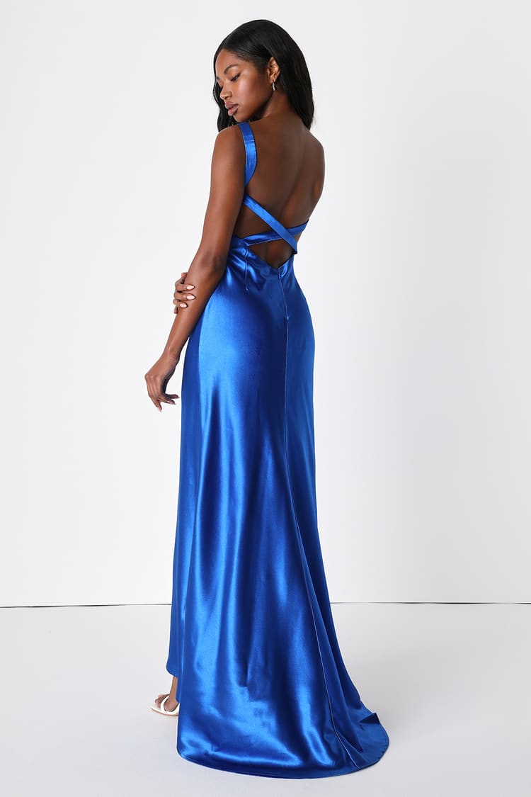 Gorgeous Blue Dress - Surplice Gown - Satin Maxi Dress - Lulus