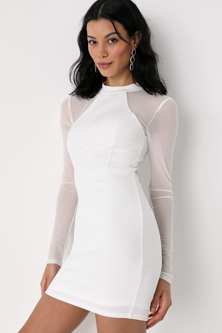 White Mesh Mini Dress - Mock Neck Mini Dress - Sheer Mesh Dress - Lulus