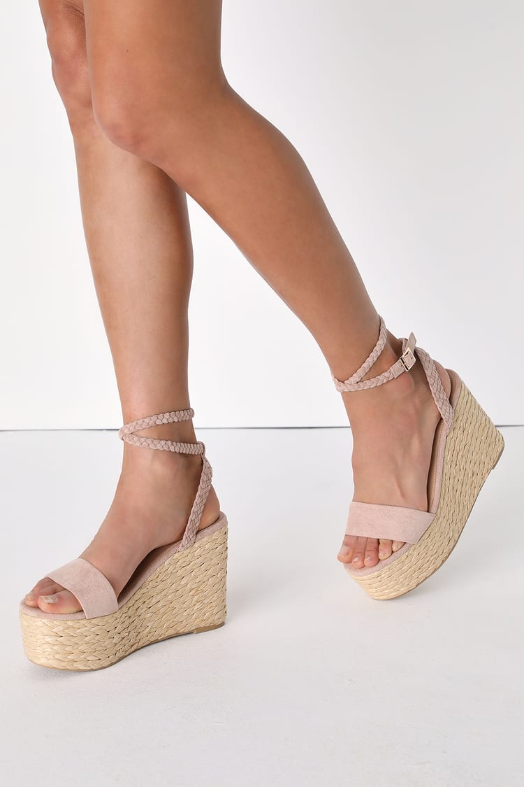 Light Nude Suede Wedges - Espadrille Wedges - Ankle Strap Wedges - Lulus