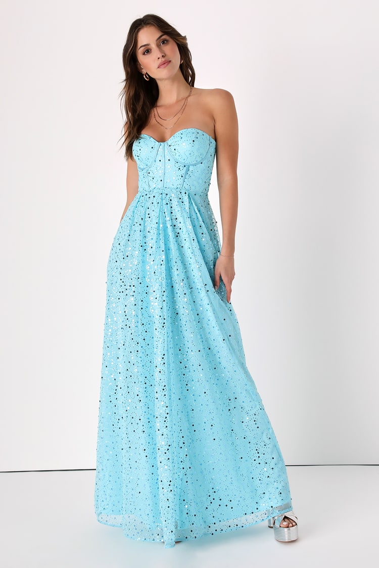 Blue Sequin Dress - Tulle Strapless Dress - Sequin Maxi Dress - Lulus