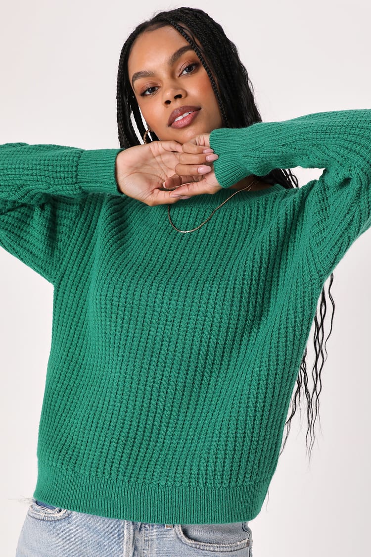 Green Sweater - Long Sleeve Sweater - Waffle Knit Sweater - Lulus