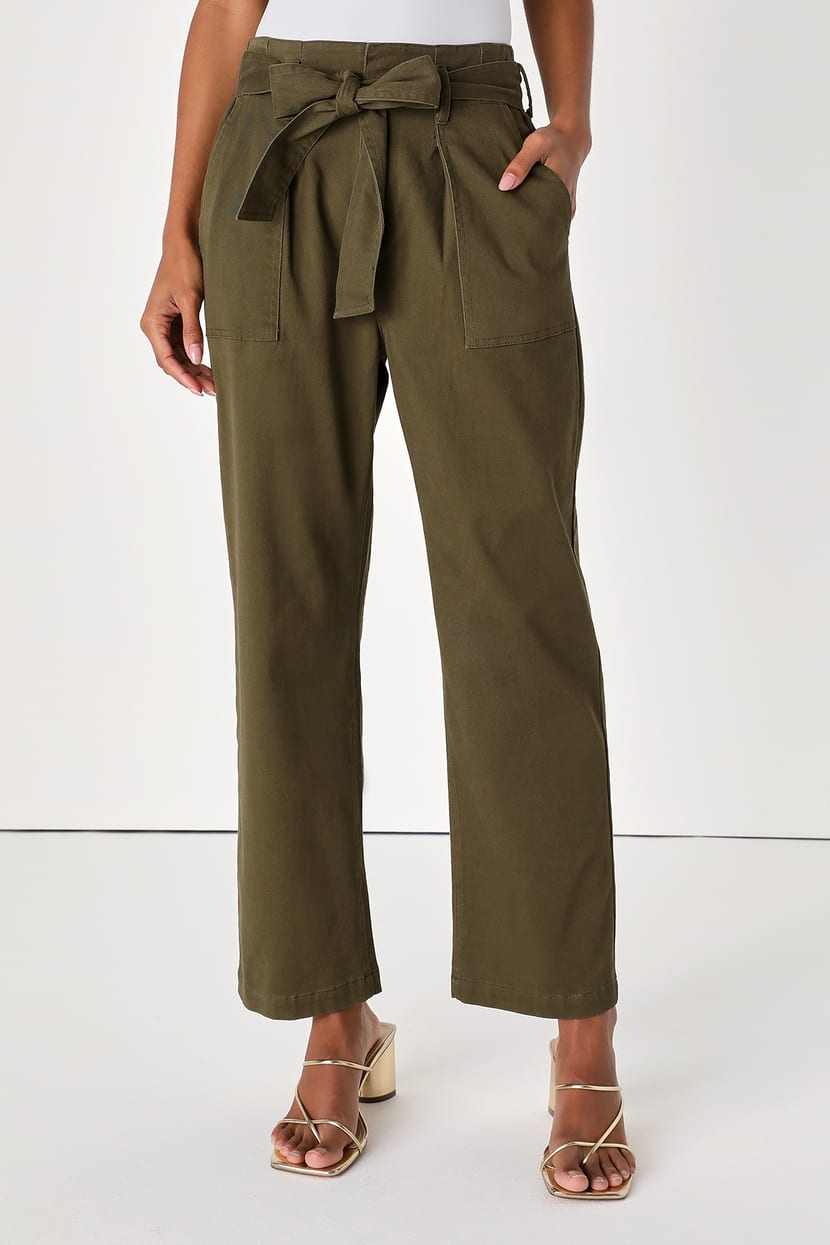 Cute Olive Green Pants - Trouser Pants - Paperbag Waist Pants - Lulus