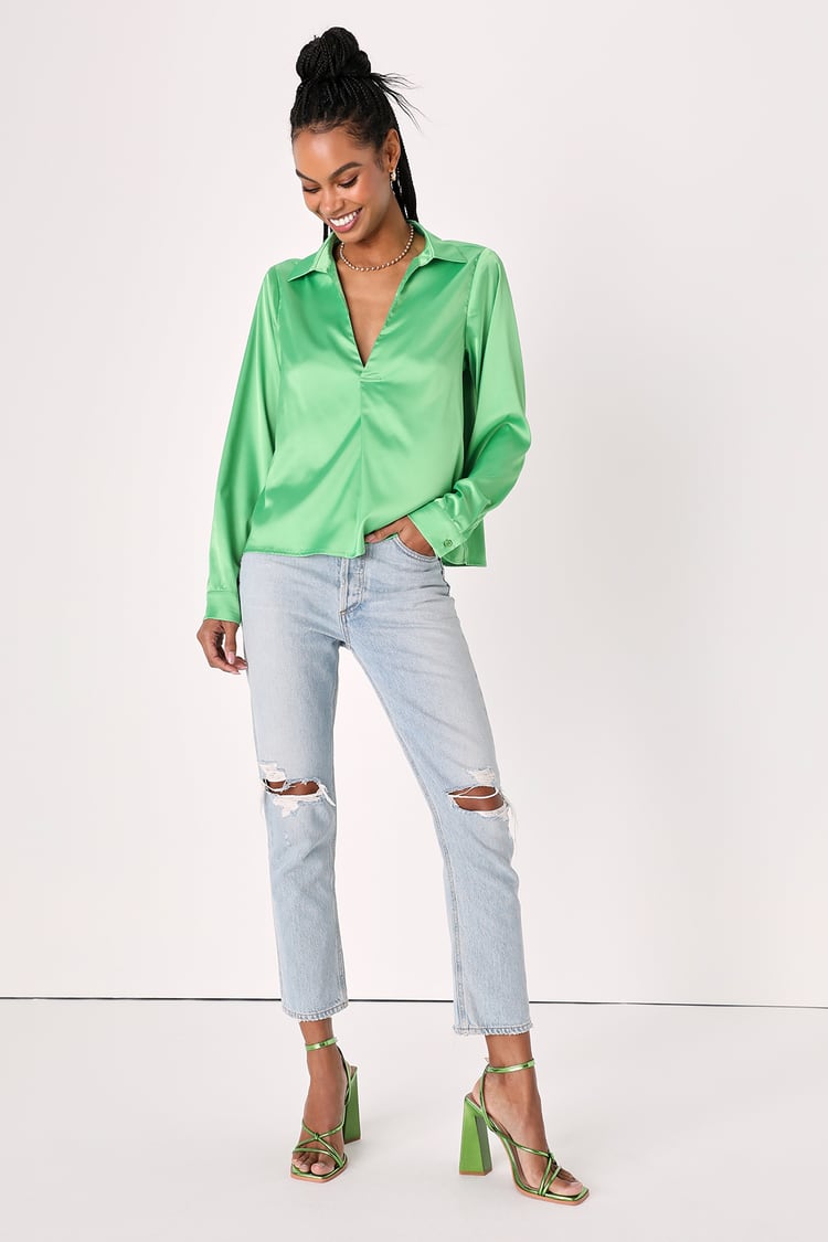 Lime Green Satin Top - Menswear Top - Collared Satin Blouse - Lulus