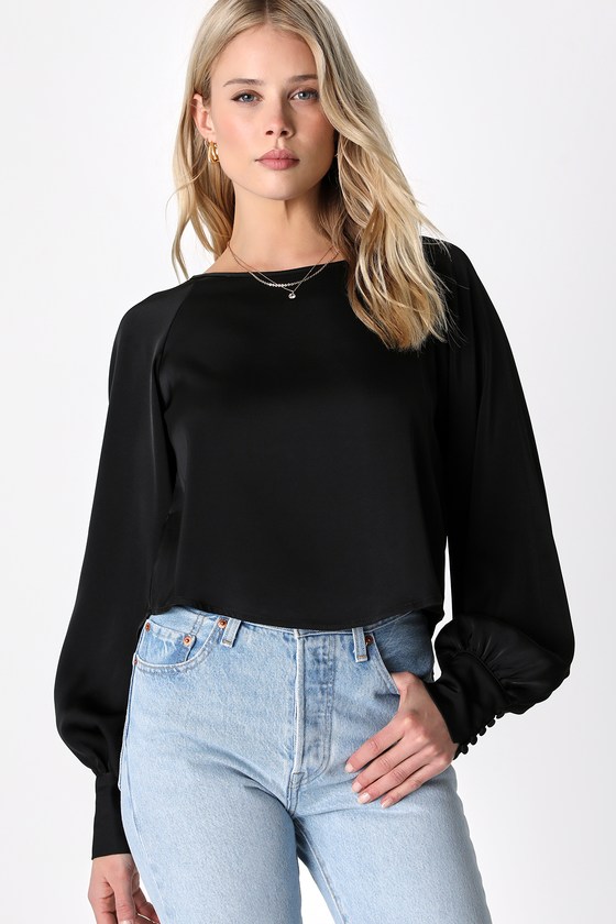 Black Satin Top - Keyhole Long Sleeve Top - Satin Blouse - Lulus