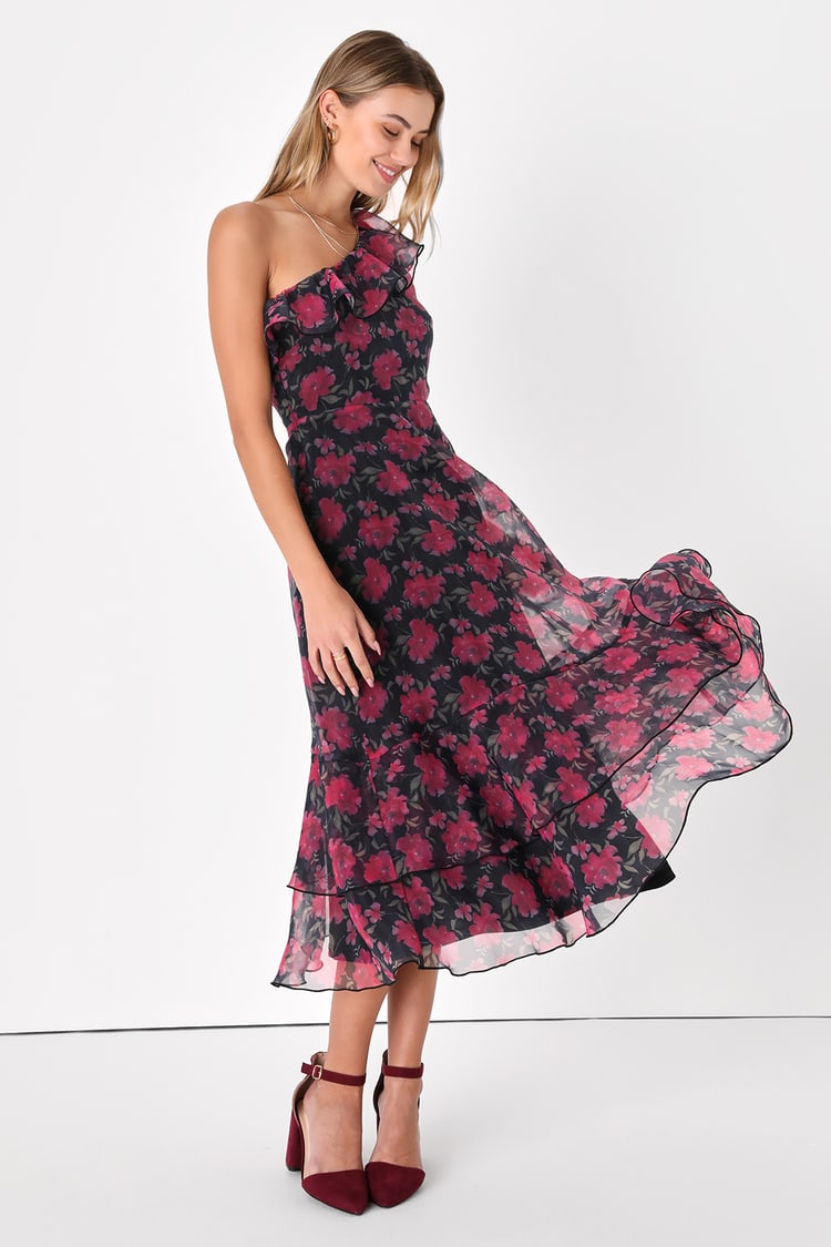 Black Floral Dress - Organza Midi Dress - One-Shoulder Dress - Lulus