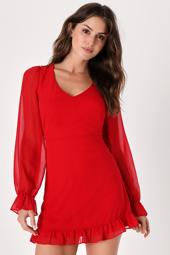 Chic Red Dress Backless Mini Dress Long Sleeve Skater Dress Lulus 4731