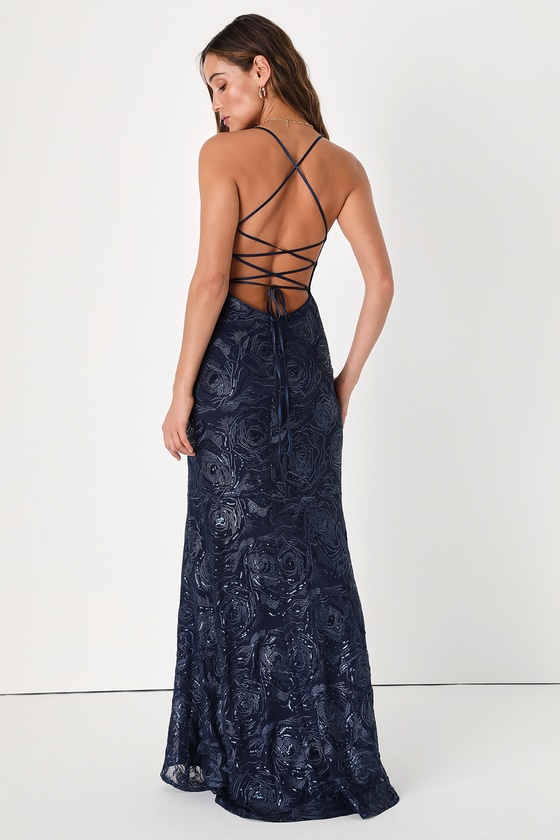 Navy Blue Embroidered Dress - Sequin Dress - Mermaid Maxi Dress - Lulus