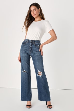 Daze Denim Far Out - Wide Leg Jeans - Light Wash Raw Hem Jeans - Lulus