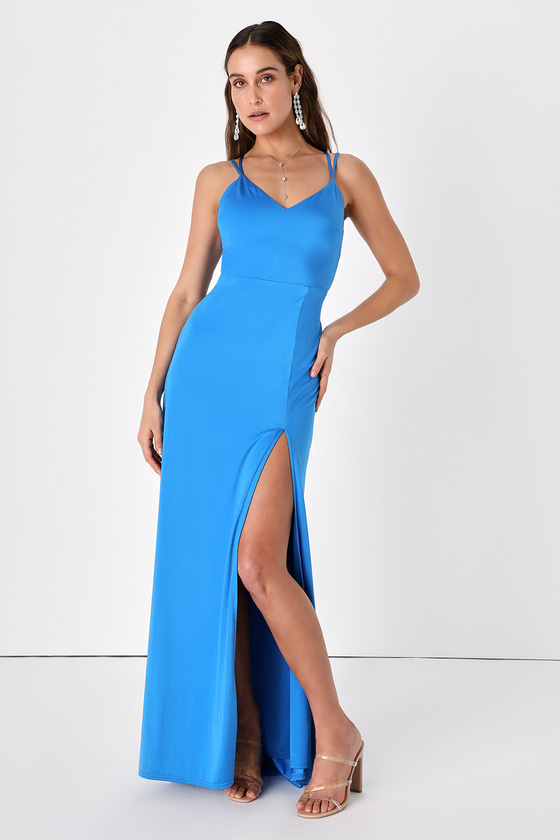 Lulus Outstanding Glam Blue Strappy Backless Mermaid Maxi Dress