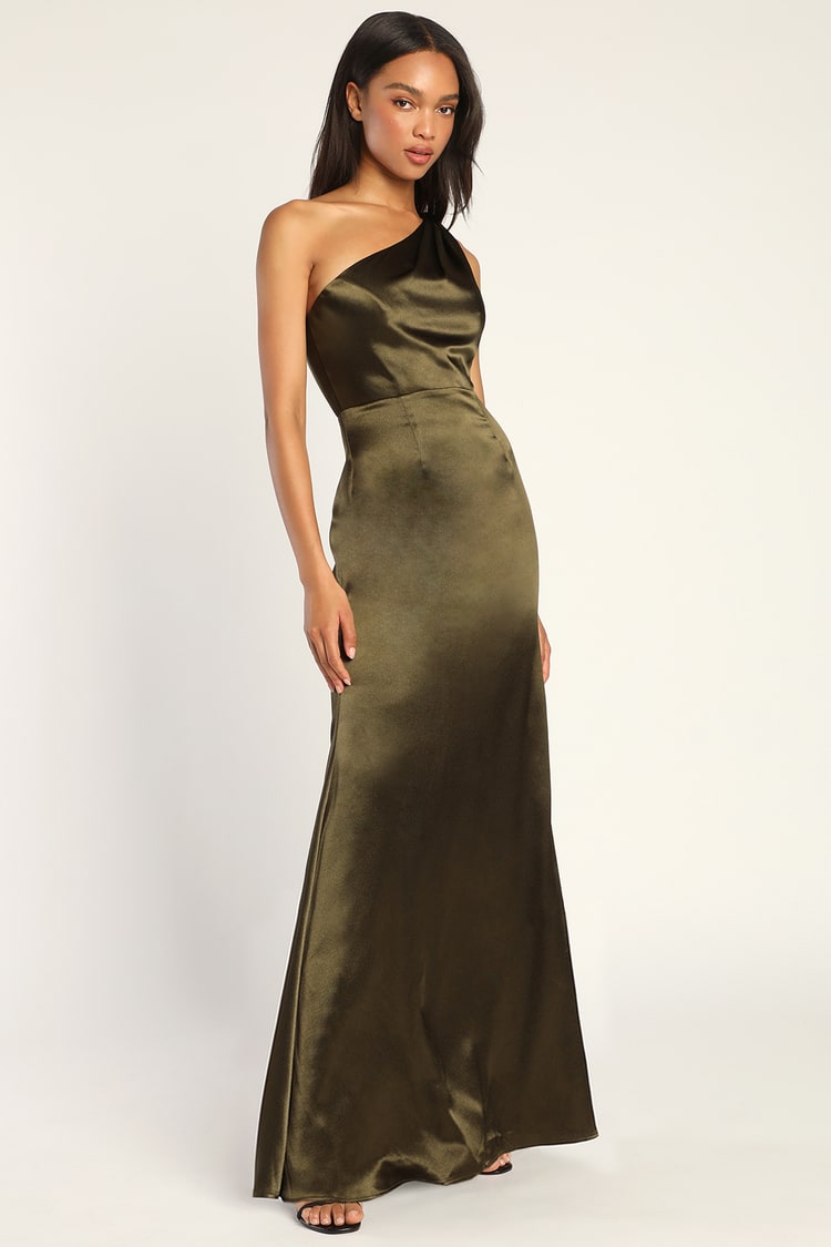 Olive Green Maxi Dress - Satin Maxi Gown - One-Shoulder Dress - Lulus