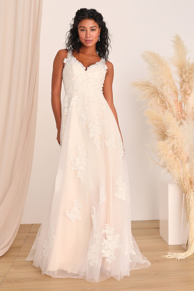 White & Cream Maxi Tulle Dress - Embroidered Wedding Dress - Lulus