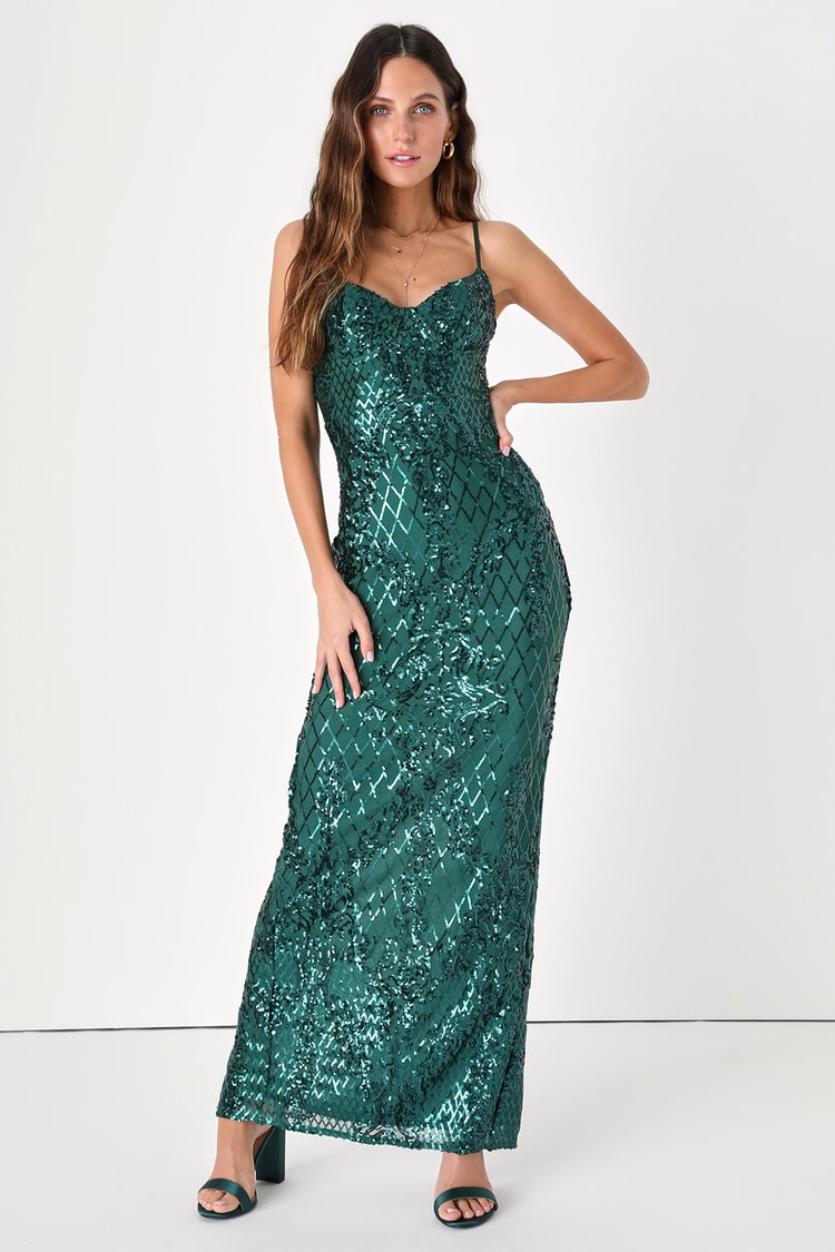 Emerald Green Sequin Dress - Maxi Dress - Bustier Dress - Lulus