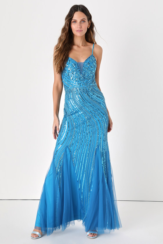 Enchanted Nights Blue Sequin Mermaid Maxi Dress