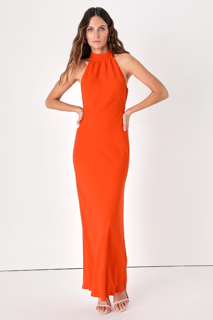 Chic Red Orange Dress - Halter Neck Maxi Dress - Backless Dress - Lulus