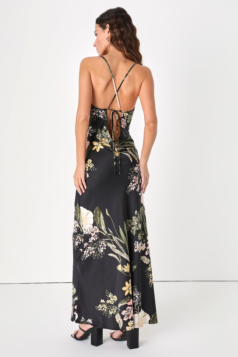 Floral Print Maxi Dress - Satin Slip Maxi Dress - Cowl Neck Dress - Lulus