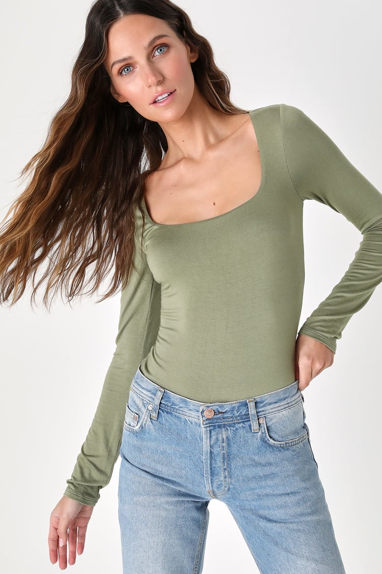 Women's Front Zip Square Neck Long Sleeve Bodysuit, Sexy Thong Bodysuit for  Women Tops T Shirts Jumpsuit (Color : Green, Size : M) : :  Fashion