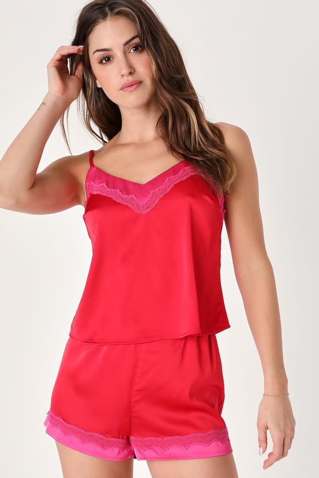 Women Satin Two-Piece Pajama Set Cami Top & Rufle Hem Shorts PJ Set Red XL