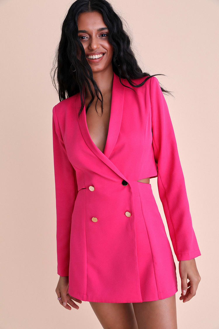 Hot Pink Long Sleeve Blazer Romper | Womens | X-Small (Available in S, L, XL) | 100% Polyester | Lulus | Barbiecore