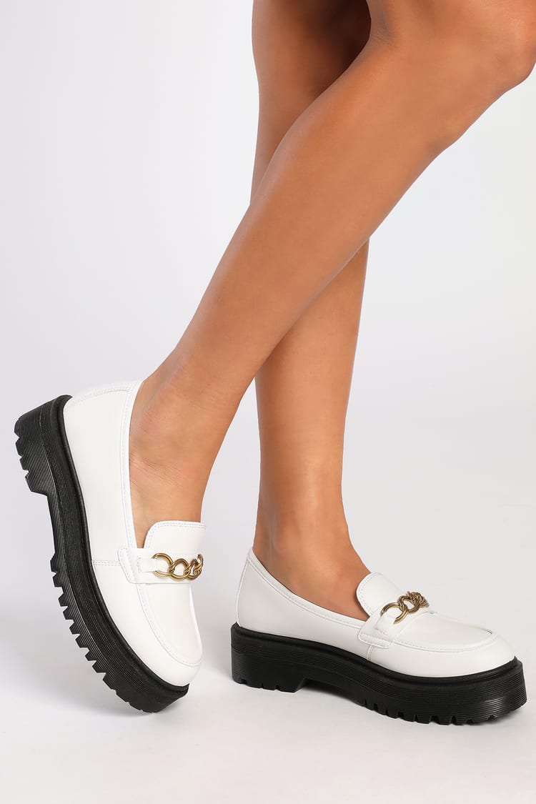 White Leather Loafers - Embellished Loafers - Lug Sole Loafers - Lulus