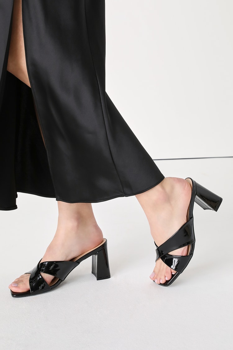 Shiny Black Sandals - Peep-Toe Sandals - Block Heel Slides - Lulus