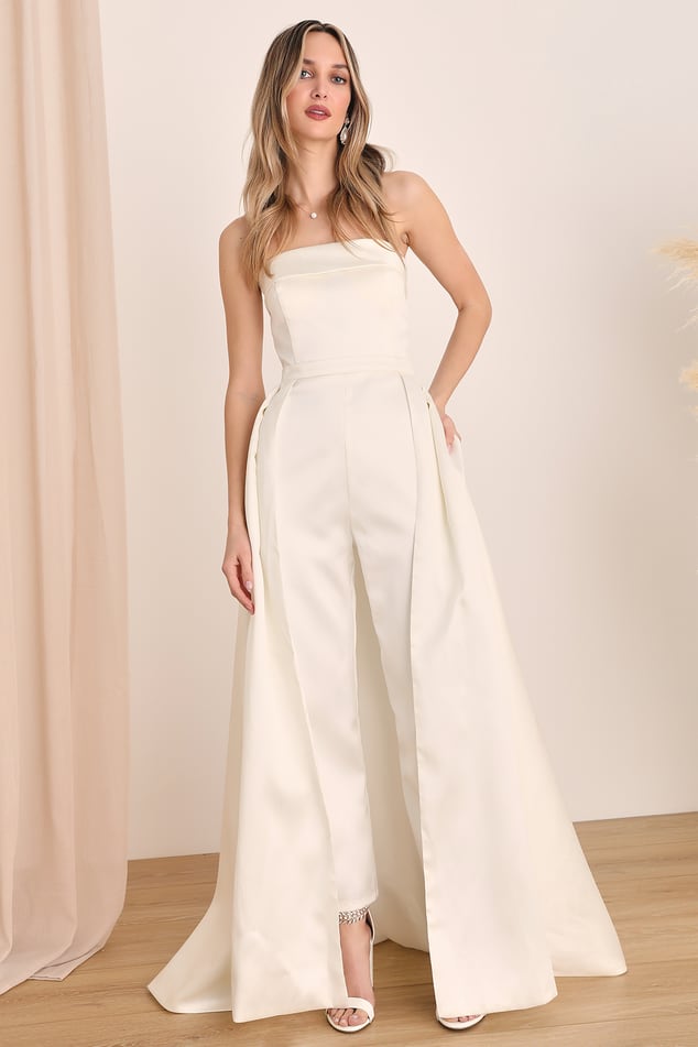 The “Ivy ” Alter Strap Ivory Mikado Satin bridal Jump Suit by