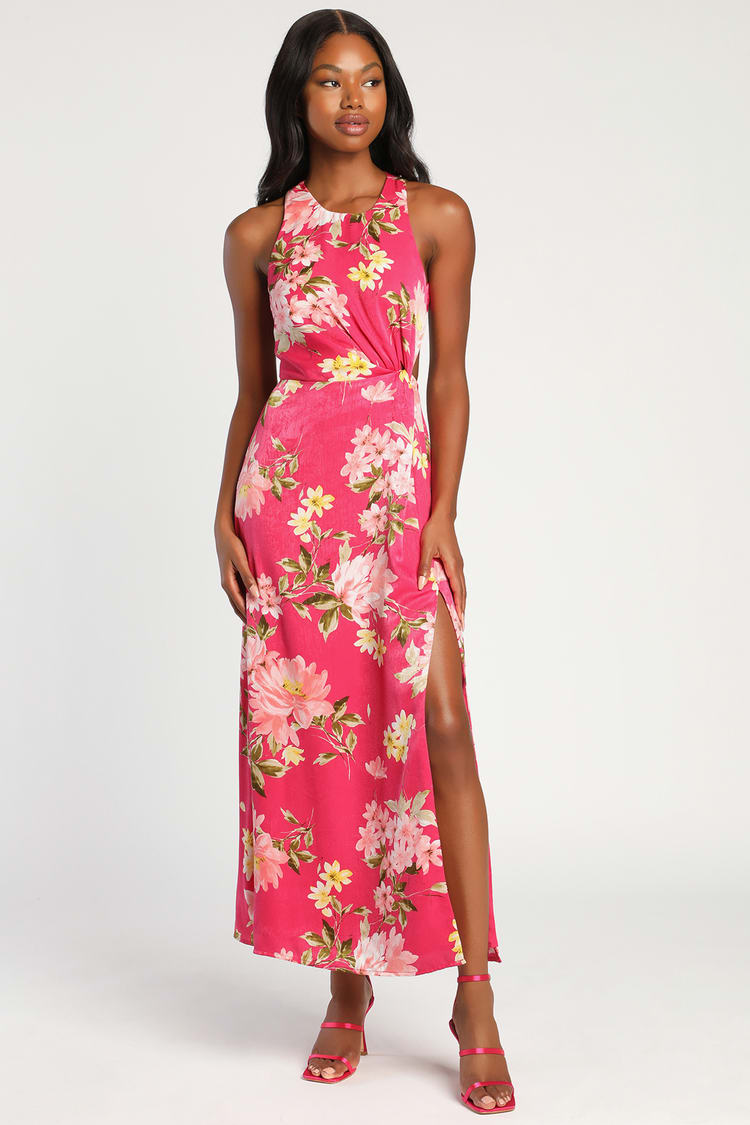 Hot Pink Floral Dress - Backless Maxi Dress - Twist Dress - Lulus