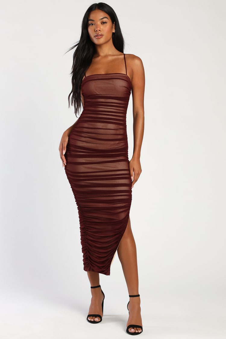 Brown Dress - Ruched Dress - Midi Dress - Bodycon Dress - Lulus