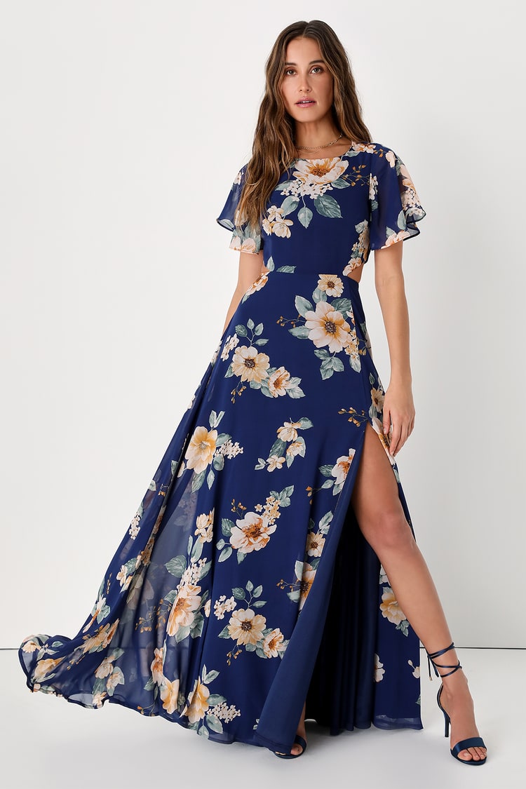 Navy Blue Maxi Dress - Back Cutout Dress - Floral Maxi Dress - Lulus