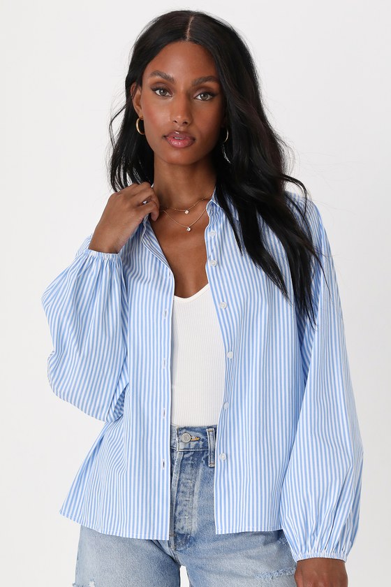 Blue and White Striped Top - Button-Up Top - Balloon Sleeve Top - Lulus