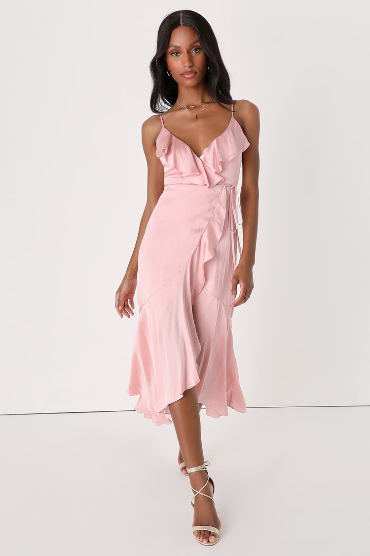 Blush Pink Midi Dress - Ruffled Wrap Dress - Satin Wrap Dress - Lulus