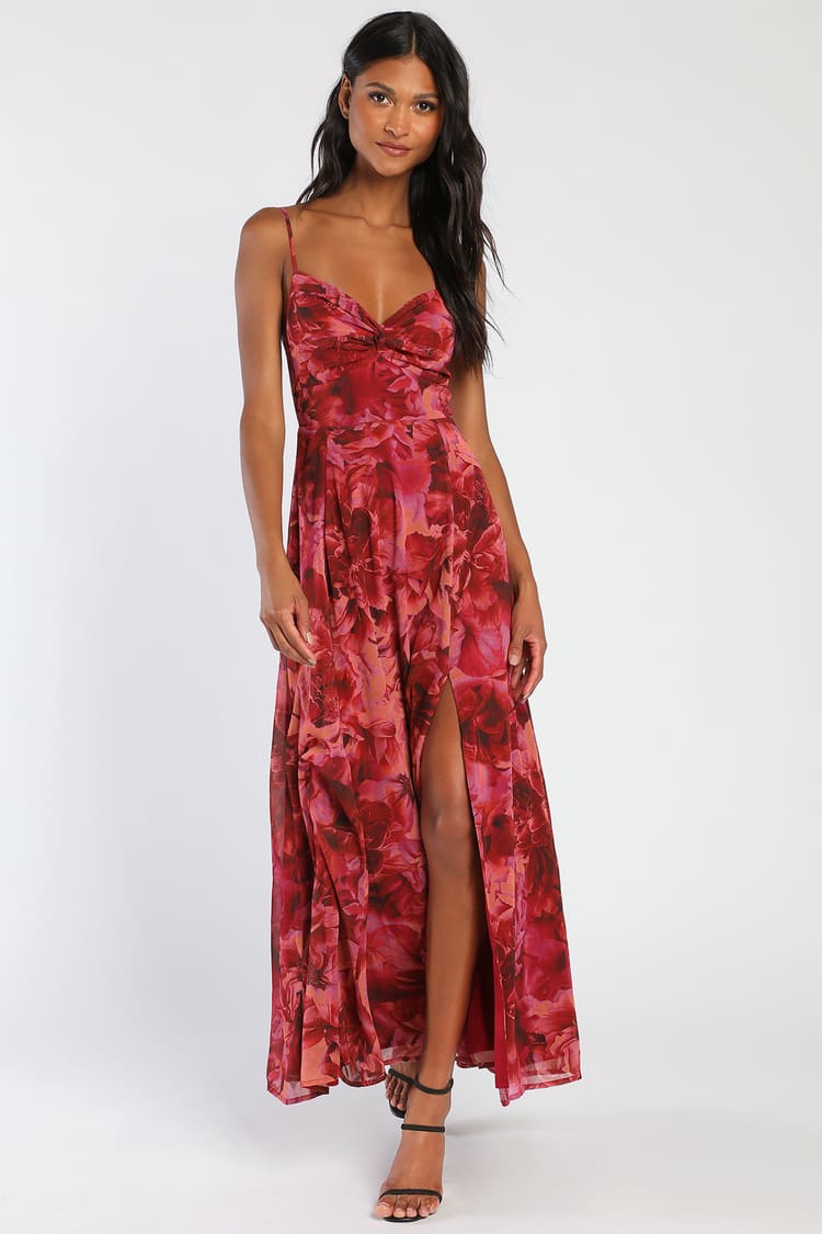 Burgundy Maxi Dress - Floral Print Dress - Twist-Front Dress - Lulus