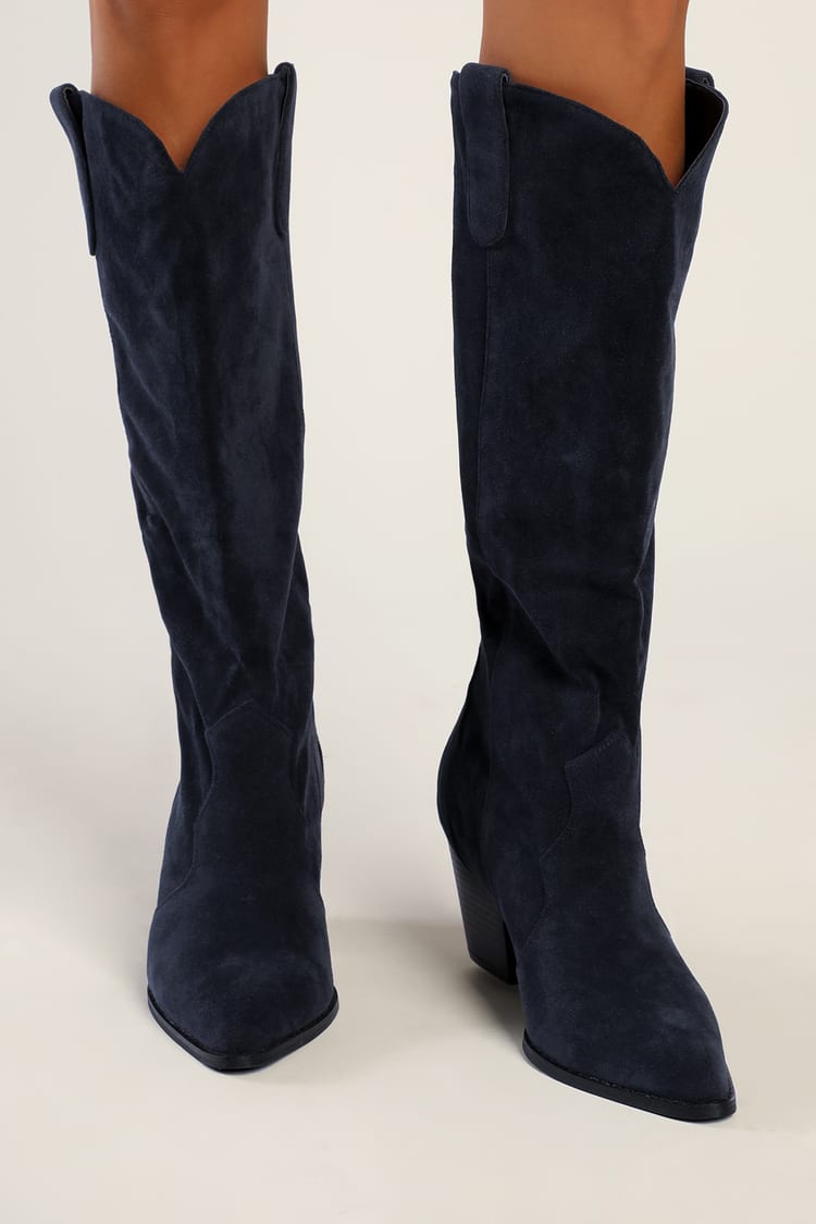 Faux Suede Boots - Knee-High Boots - Navy Blue Pointed-Toe Boots - Lulus