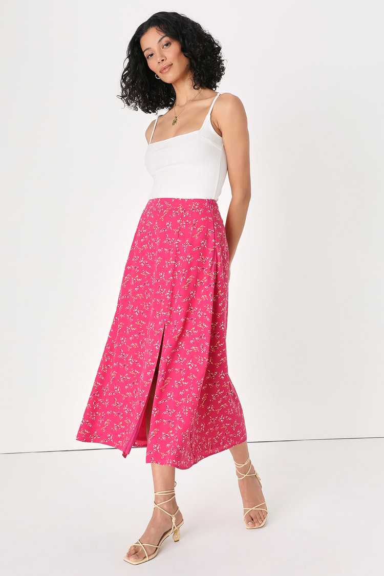 Hot Pink Floral Print Skirt - Pink Midi Skirt - A-Line Midi Skirt - Lulus