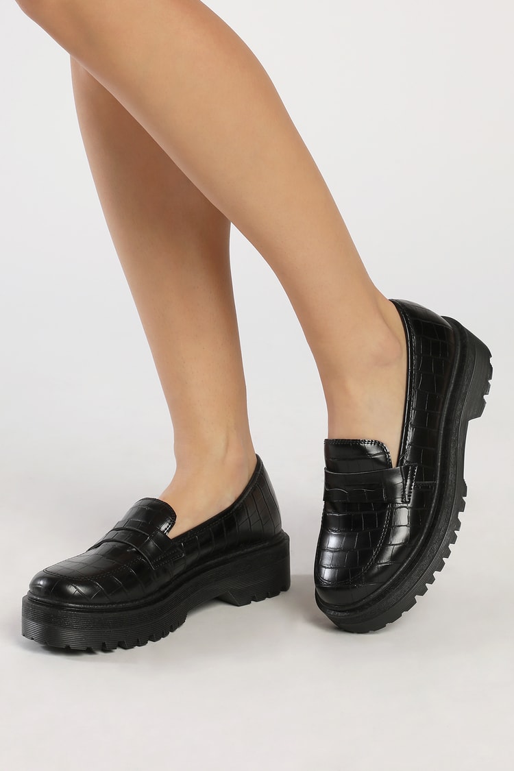 Chic Black Loafers - Flatform Loafers - Crocodile Embossed Shoes - Lulus