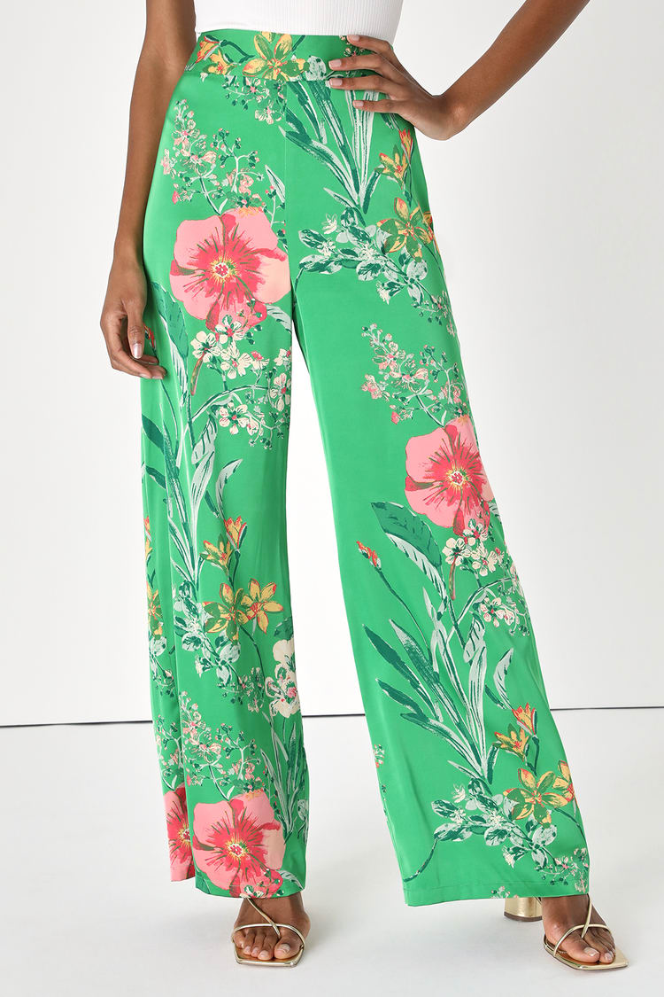 Feeling Joyful Green Floral Print Wide-Leg Pants