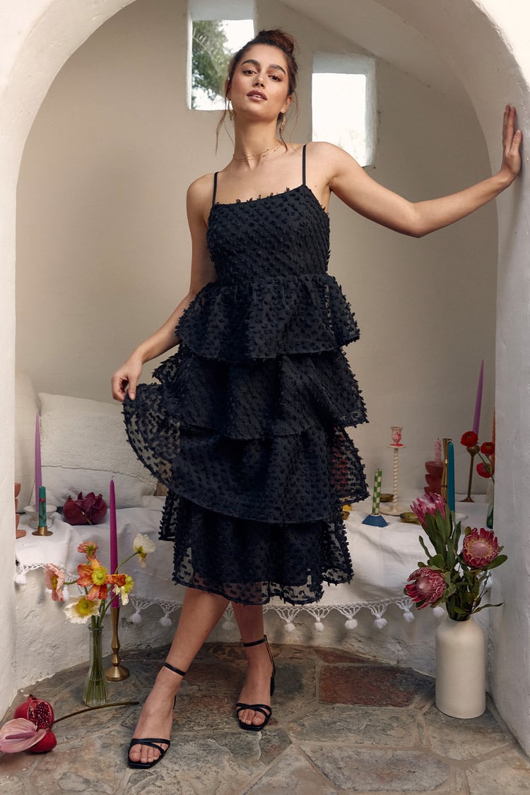Cute Black Tiered Dress - Pom Pom Midi Dress - Ruffled Midi Dress - Lulus