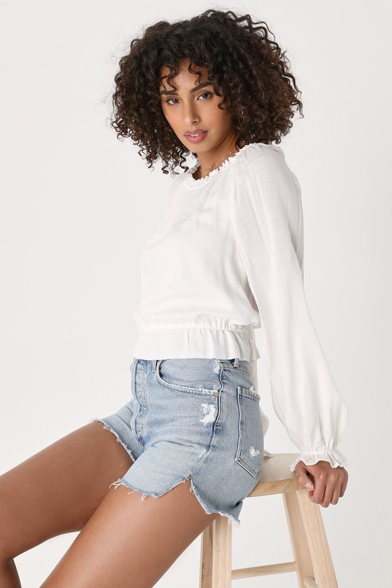 Lulus Certain To Charm Ivory Ruffled Cropped Long Sleeve Top