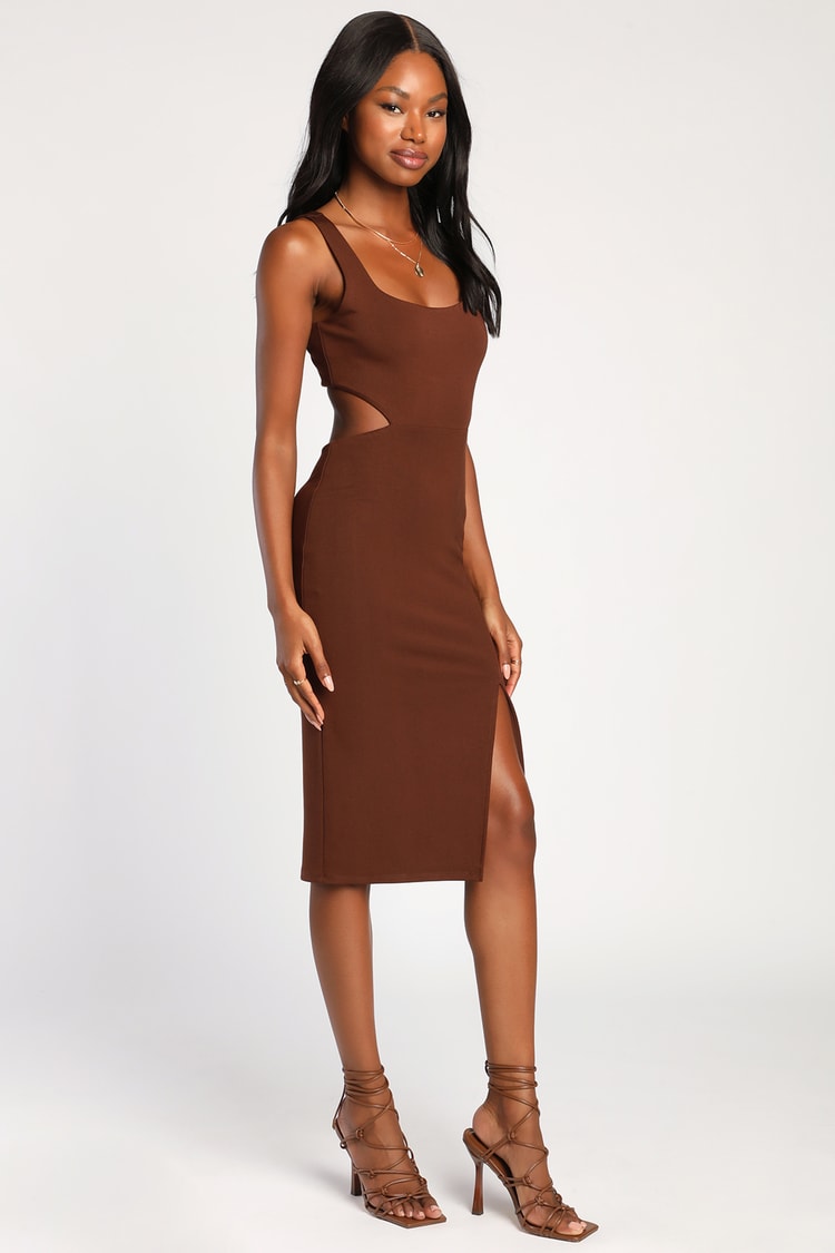 Chocolate Brown Dress - Jersey Knit Midi Dress - Cutout Dress - Lulus