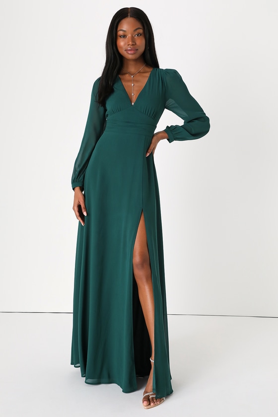 Hunter Green Maxi Dress Long Sleeve Maxi Chiffon Maxi Dress Lulus