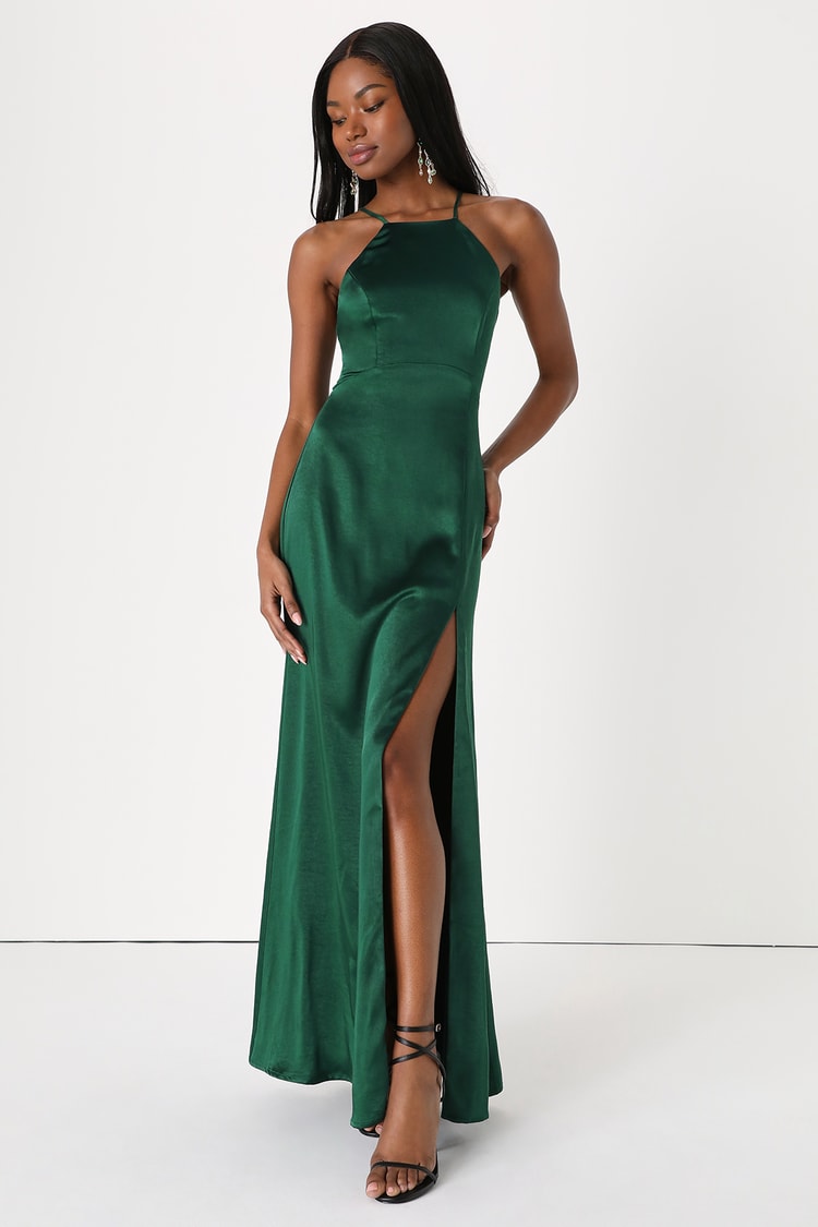 Serene Beauty Olive Green Satin Ruched Backless Maxi Slip Dress