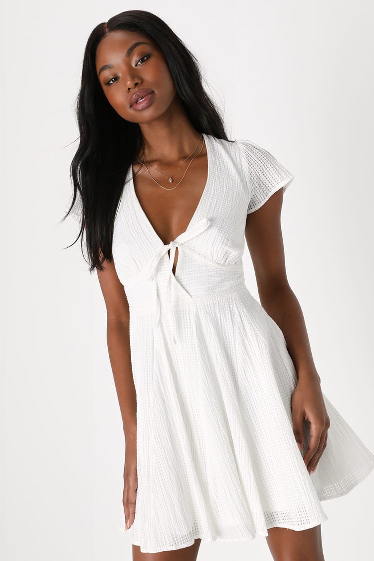 White Seersucker Dress - Mini Skater Dress - Short Sleeve Dress - Lulus